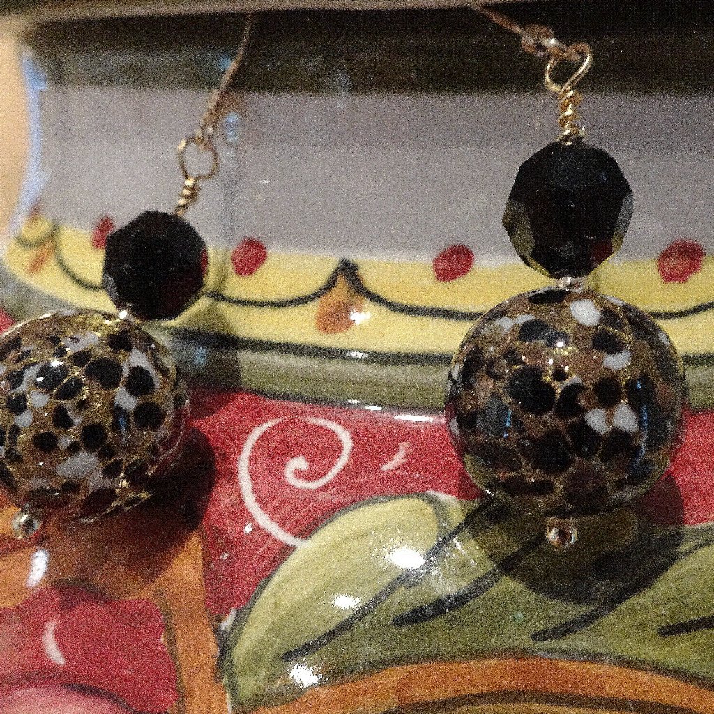 Handmade Murano Cluseau Earrings In Classic Black, White, And Gold